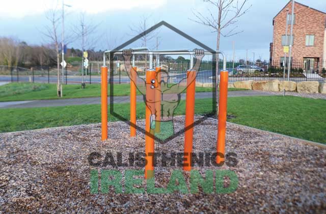 Calisthenics area at Beckett Park in Cherrywood, Dublin, featuring outdoor workout equipment for bodyweight training and functional fitness