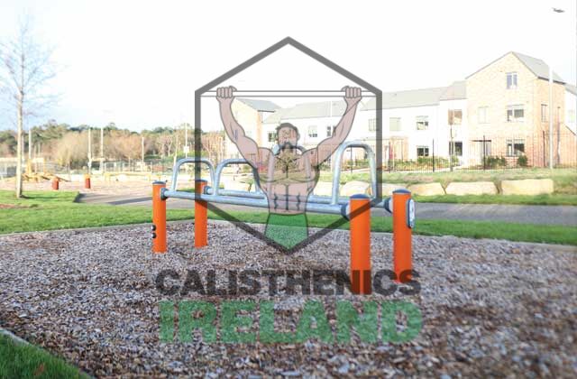 Outdoor exercise equipment at Beckett Park in Dublin, designed for calisthenics and bodyweight training in a public fitness area