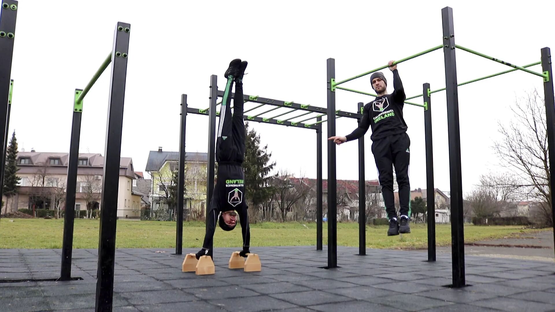 Outdoor bodyweight training with Calisthenics Ireland, guided through a tailored workout by a coach