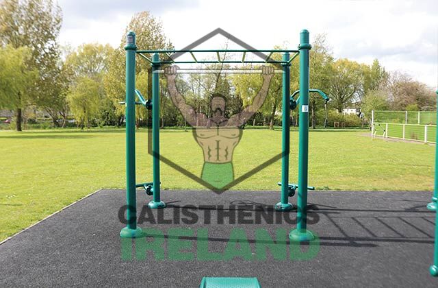 Outdoor gym setup at Clashduv Park in Cork, equipped with calisthenics bars and functional fitness equipment for public use