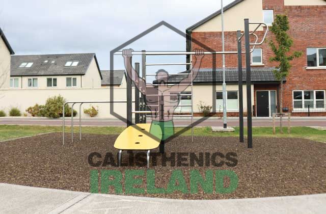 Outdoor workout gym at Clay Farm in Dublin, featuring calisthenics equipment for bodyweight training and functional fitness