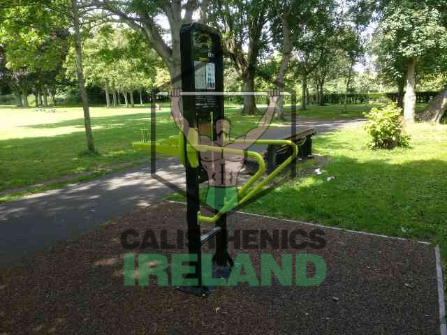 Outdoor gym with pull-up bars and dip station in Herbert Park, Dublin, designed for calisthenics training