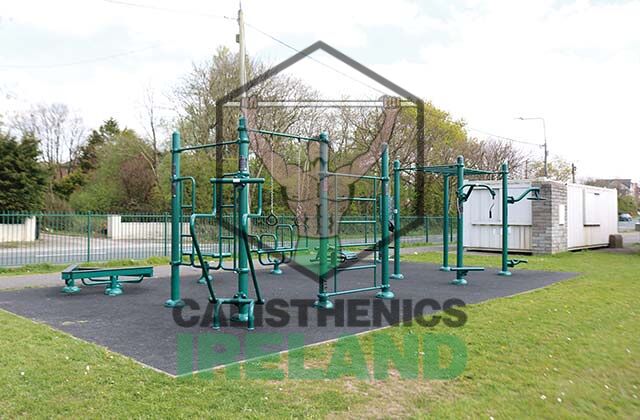 Outdoor calisthenics gym at Kempton Park in Cork, with bodyweight training equipment in a public park setting