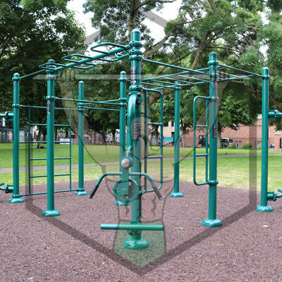 Calisthenics workout equipment at Liberty Park in Dublin, featuring outdoor pull-up bars and fitness structures for community training