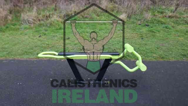 Outdoor gym setup at Liffey Valley Park in Dublin with equipment for calisthenics, functional strength training, and bodyweight exercises
