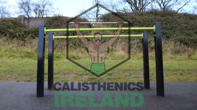 Street workout training space at Liffey Valley Park in Dublin with calisthenics bars and functional fitness equipment for bodyweight exercise