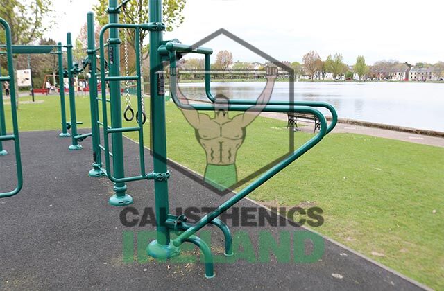 Outdoor fitness space at The Lough Park in Cork, equipped with calisthenics bars and bodyweight training structures