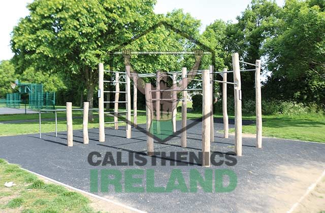 Public fitness area in Murphystown, Dublin, equipped with calisthenics bars and workout equipment for outdoor bodyweight training