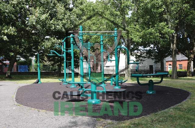 Outdoor gym in Phibsborough, Dublin, featuring bodyweight fitness equipment for calisthenics and functional training