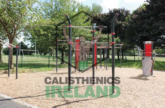 Outdoor gym equipment at Ringsend Park in Dublin, featuring calisthenics bars for public bodyweight and functional training