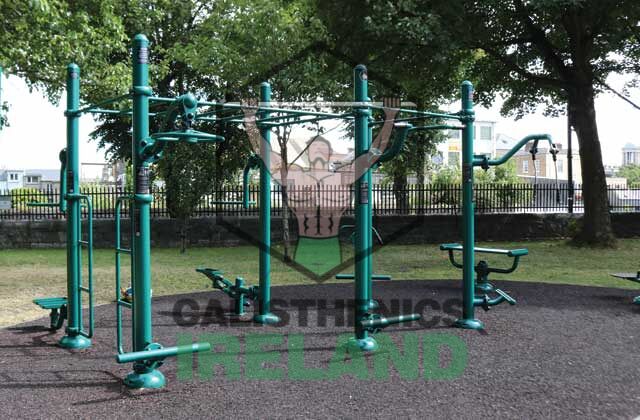 Street workout area at Royal Canal Bank in Dublin, featuring outdoor calisthenics equipment for public bodyweight training
