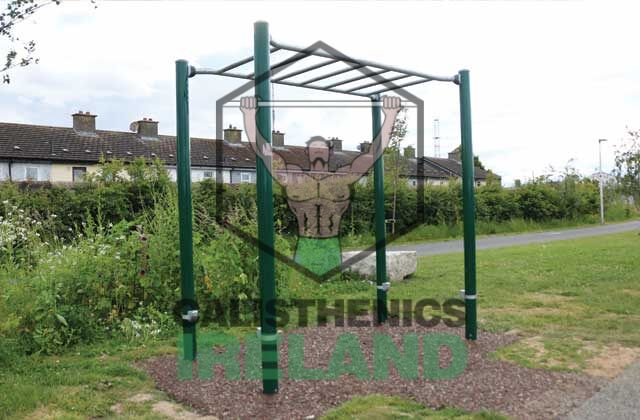 Calisthenics area at Royal Canal Greenway in Dublin, featuring outdoor workout equipment for bodyweight training along the canal path