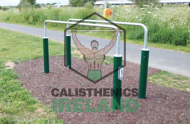 Workout area at Royal Canal Greenway in Dublin, featuring outdoor fitness equipment for calisthenics and bodyweight training along the canal