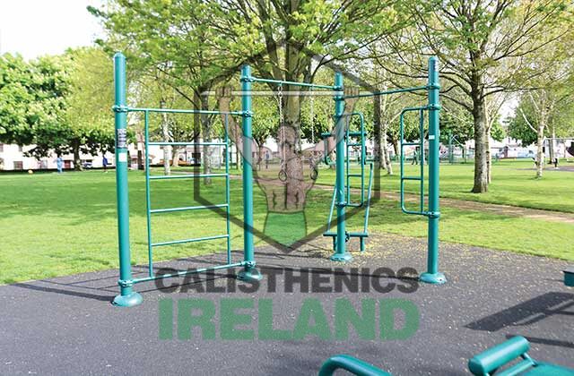 Street workout area at Tory Top Park in Cork, featuring outdoor calisthenics equipment like pull-up bars and parallel bars