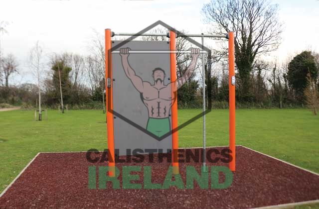 Outdoor exercise equipment at Tully Park in South Dublin, designed for calisthenics and bodyweight training in a public fitness area