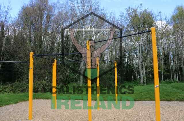 Outdoor gym area at Tymon Park in South Dublin, equipped for bodyweight and calisthenics exercises