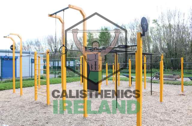 Outdoor gymnastics rings setup at Tymon Park in Dublin, designed for calisthenics and bodyweight strength training