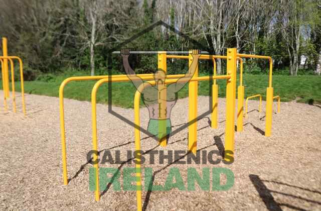 Public outdoor fitness space at Tymon Park in Dublin with calisthenics bars for bodyweight training